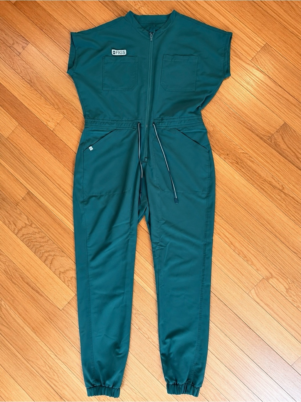 Figs Forrest Green Zip-Front Women's Utility Jumpsuit with Drawstring Waist